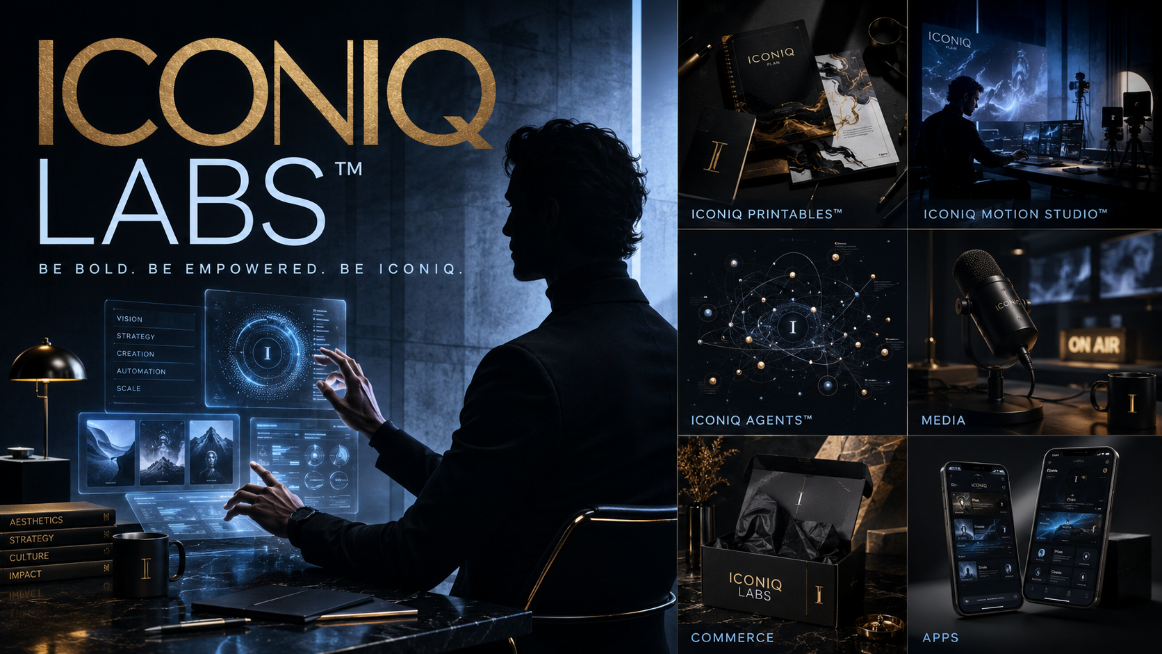 Editorial ICONIQ LABS collection with digital interfaces, luxury product concepts, and colorful creative energy.