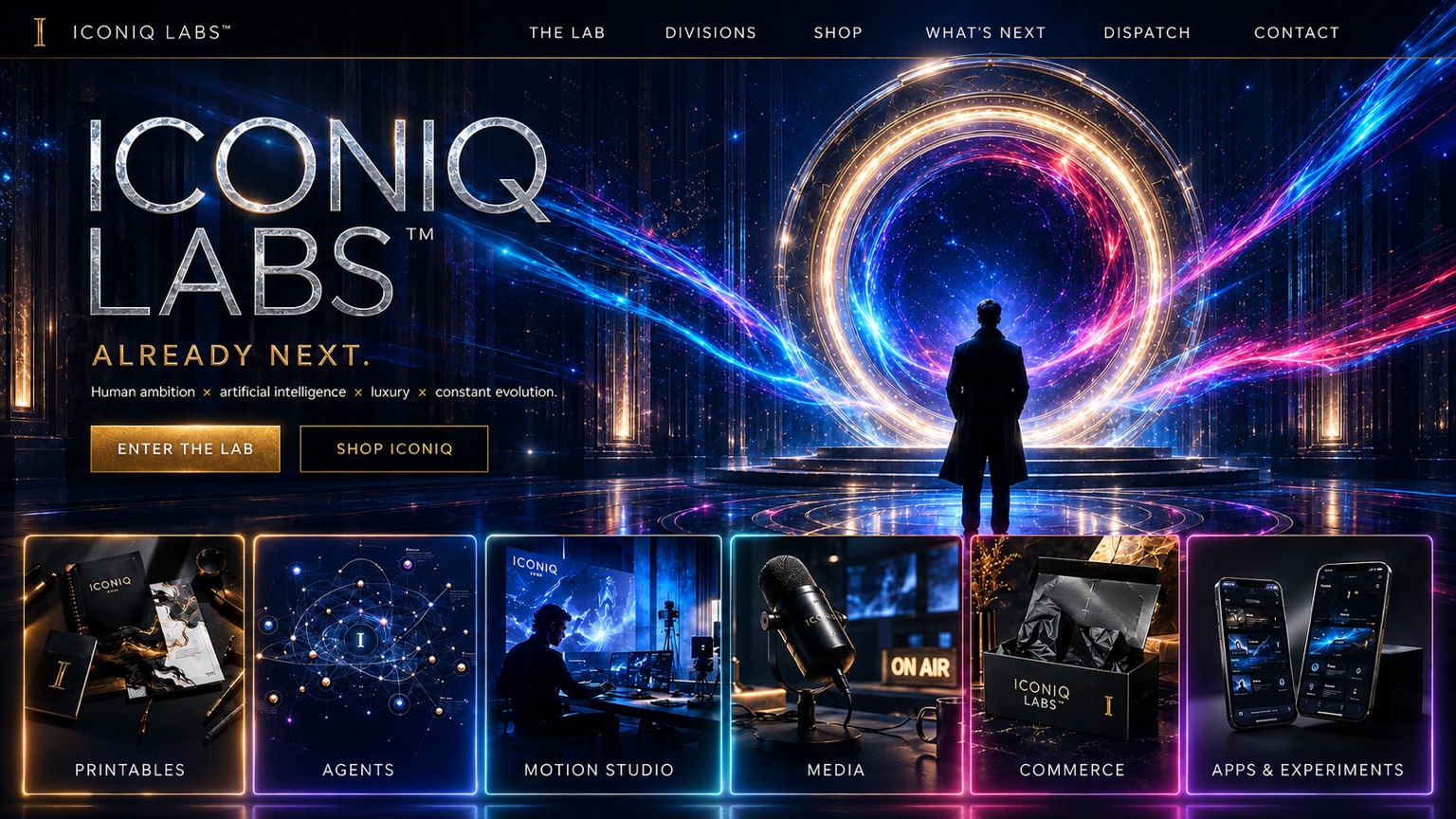 ICONIQ LABS cinematic portal surrounded by electric blue, magenta, and gold energy, with six creative divisions below.