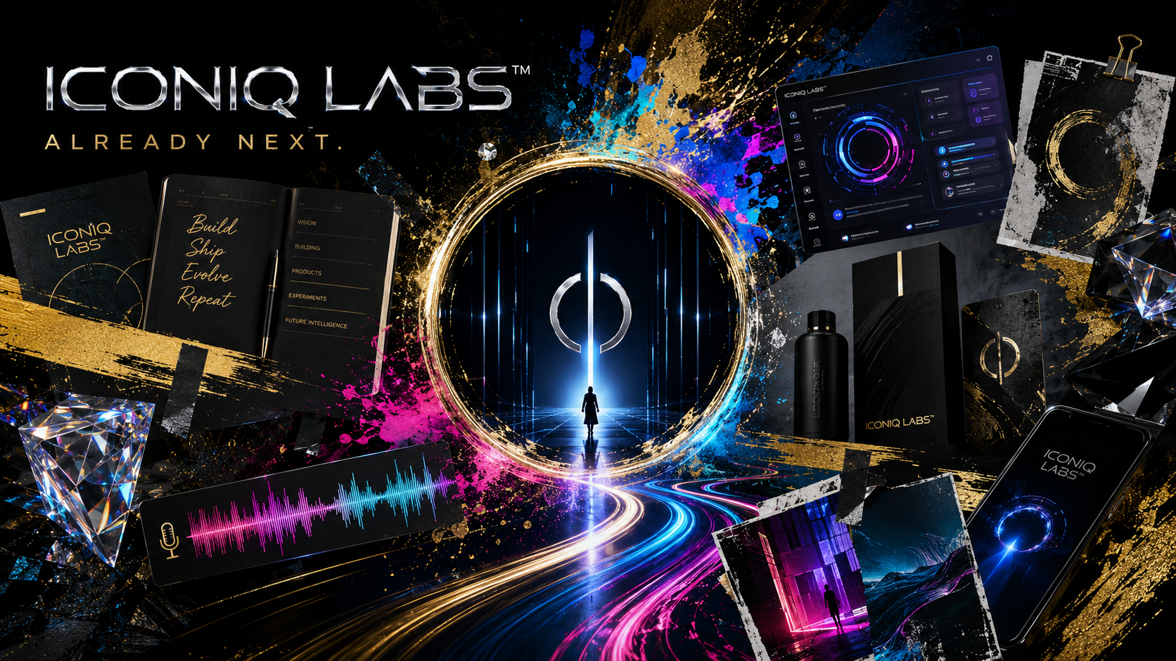 ICONIQ LABS vision board featuring a luminous portal, product concepts, and colorful motion trails.
